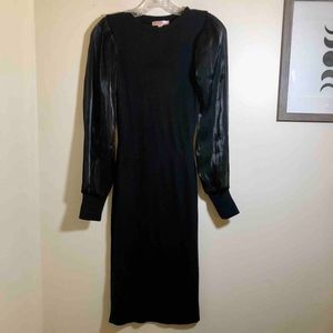 Black Midi Bodycon Dress with Shimmery Balloon Sleeves Size S